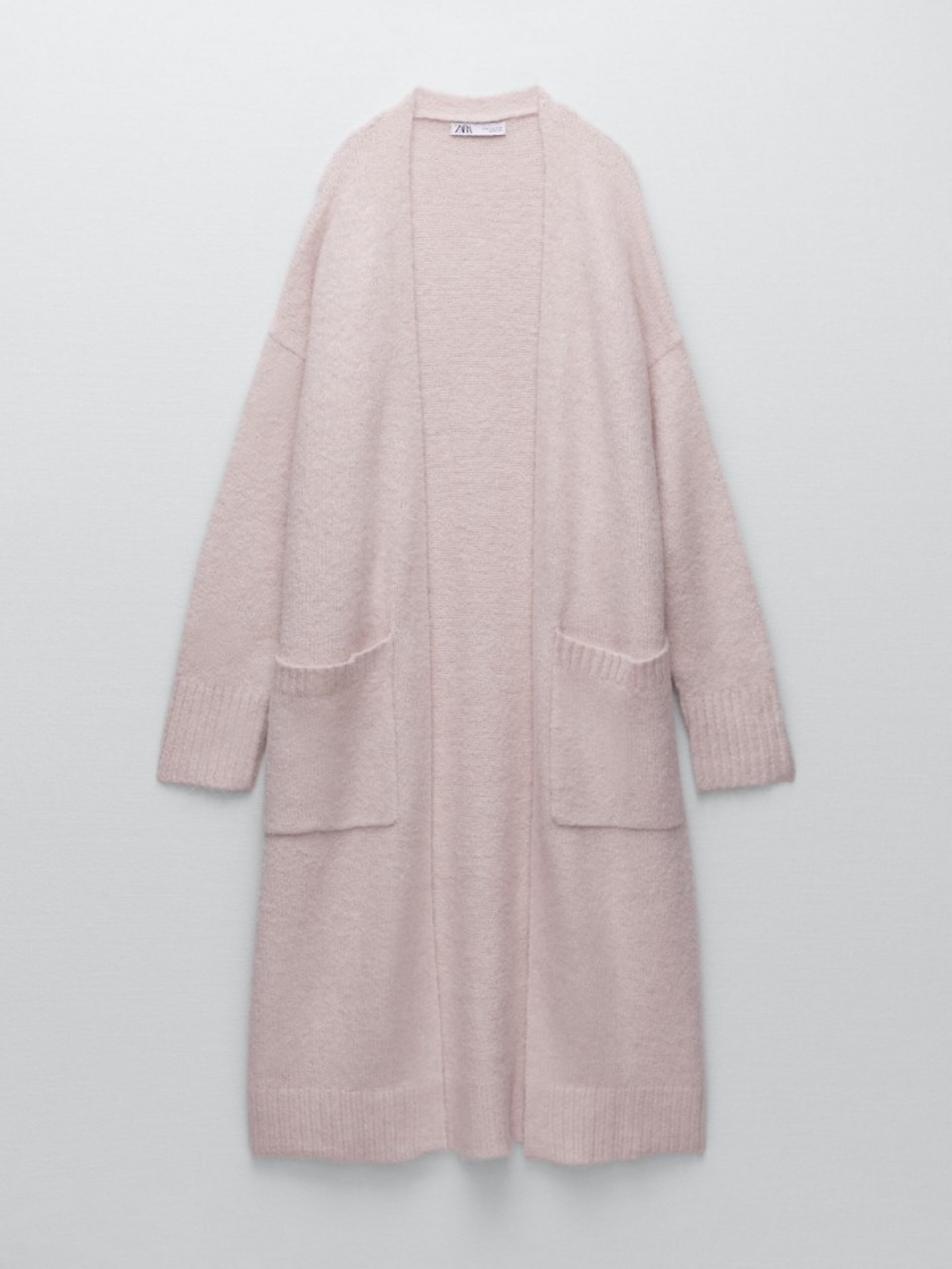 Soft Long Open-Front Cardigan Sweater in Light Pink